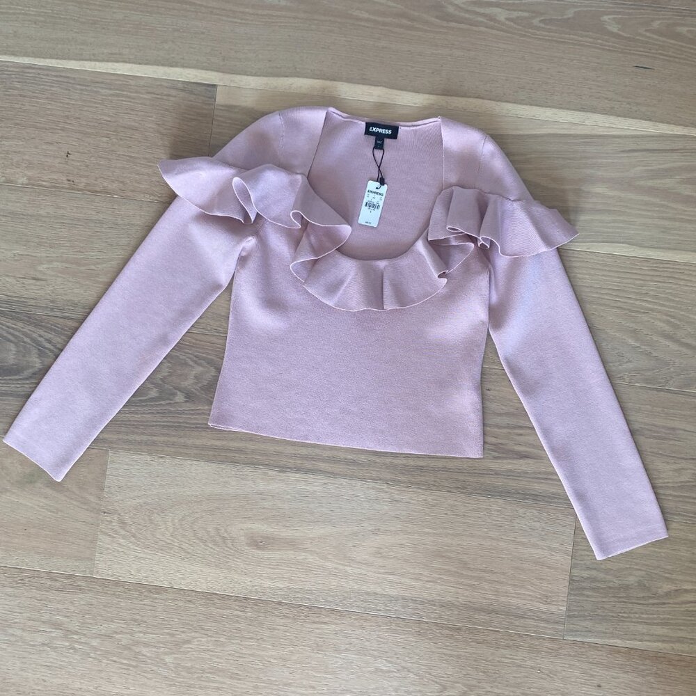 Express Pink Long Sleeve Crop Top w Ruffle Detailing Size Large NWT - Picture 2 of 8